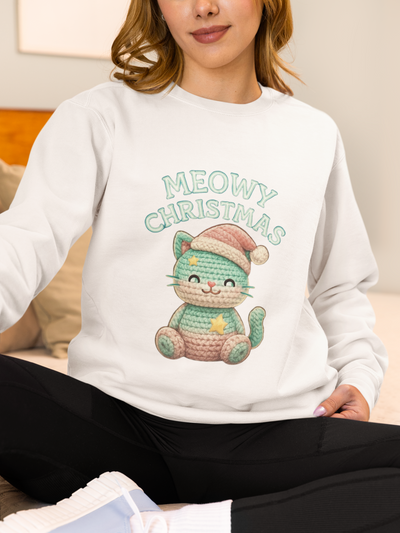 Meowy Christmas Sweatshirt, Cozy Cat Crewneck, Cat Lover Gift, Holiday Apparel, Winter Fashion
