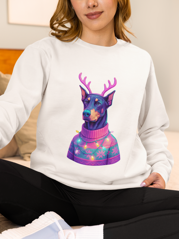 Vibrant Doberman Antlers Sweatshirt, Quirky Animal Crewneck, Cozy Holiday Gift, Fun Winter Apparel, Casual Style Top