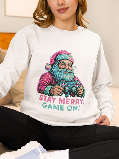 Santa with Game Controller Crewneck, Stay Merry Game On Holiday Sweatshirt