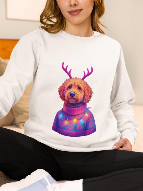 Golden Doodle with Reindeer Antlers Sweatshirt | Holiday Dog Sweater Design