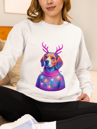 Beagle with Reindeer Antlers Sweatshirt | Colorful Holiday Dog Illustration