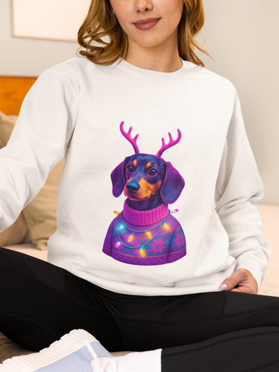 Dachshund Reindeer Sweater Crewneck Sweatshirt | Neon Holiday Dog Art