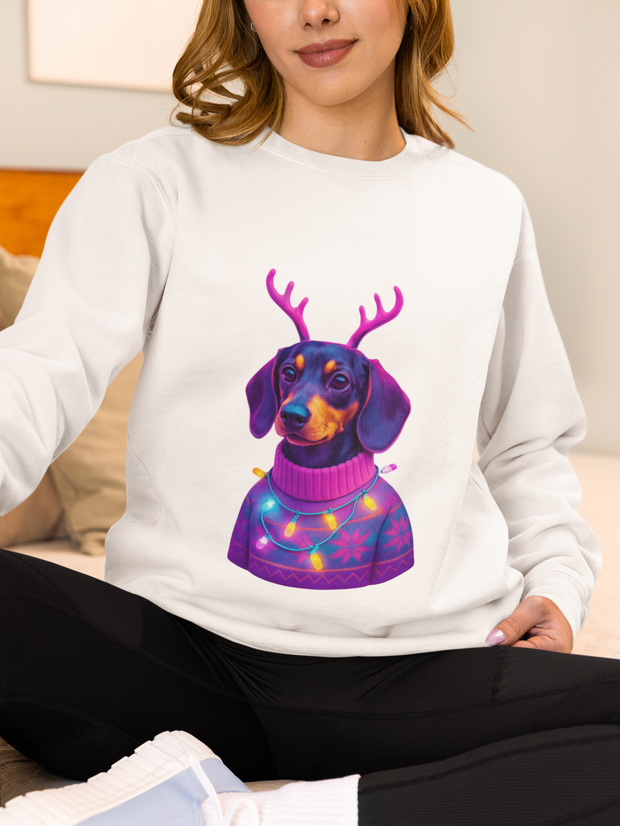 Dachshund Reindeer Sweater Crewneck Sweatshirt | Neon Holiday Dog Art
