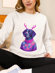 German Shorthaired Pointer with Reindeer Antlers Crewneck Sweatshirt | Neon Holiday Sweater Illustration