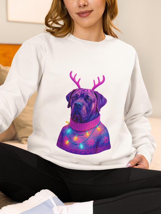 Neon Reindeer English Mastiff Sweatshirt | Dog with Antlers, Holiday Lights Sweater