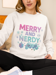 Festive Gamer Crewneck Sweatshirt - Merry and Nerdy, Unisex Sweatshirt, Holiday Apparel, Gaming Sweatshirt, Cozy Gift for Gamers