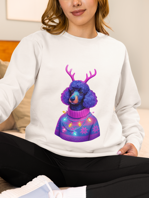 Neon Poodle with Antlers Sweatshirt | Colorful Holiday Sweater Illustration