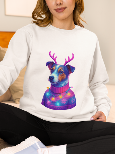 Neon Jack Russell in Reindeer Antlers Sweatshirt | Holiday Pet Portrait