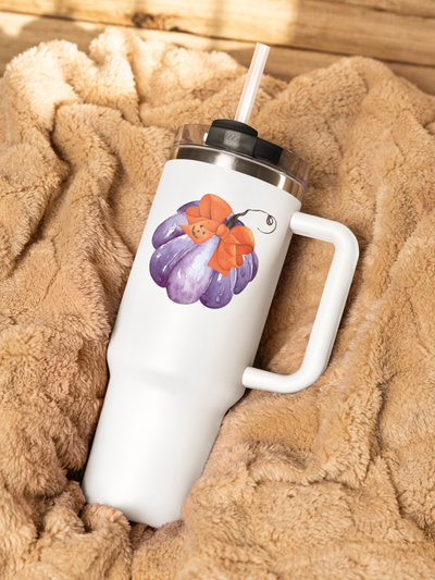 Purple Pumpkin Wrapped In A Bow Insulated Travel Mug, 40oz
