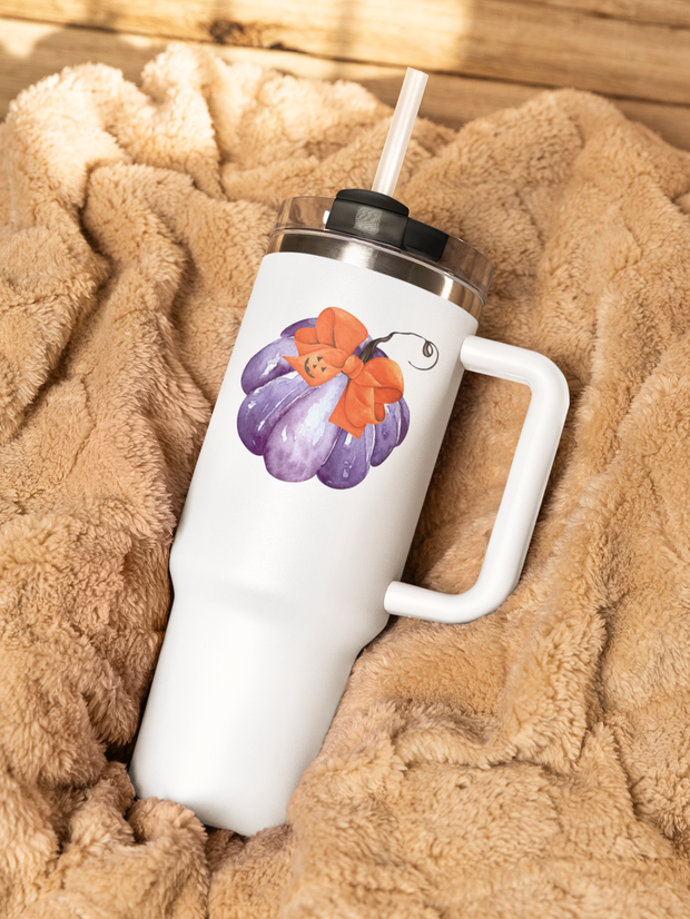 Purple Pumpkin Wrapped In A Bow Insulated Travel Mug, 40oz