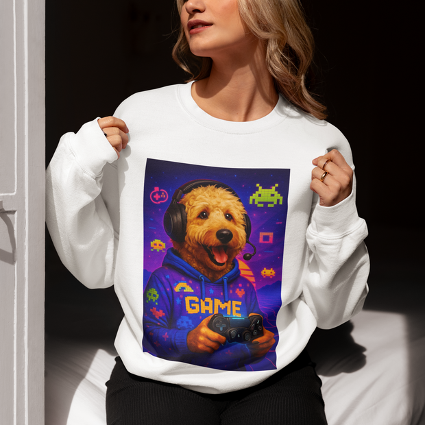 Gaming Golden Doodle Illustration Crewneck Sweatshirt | Retro Arcade Gamer
