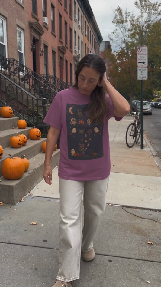 Cute Halloween Witch and Ghosts T-Shirt | Pumpkin Moon Spooky Illustration
