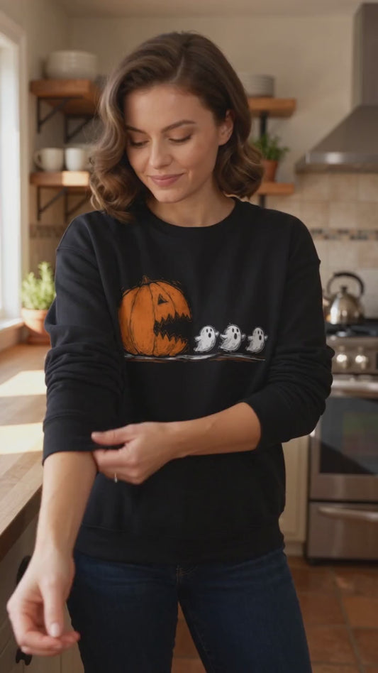 Pumpkin and Ghosts Crewneck Sweatshirt | Halloween Pumpkin Ghost Illustration