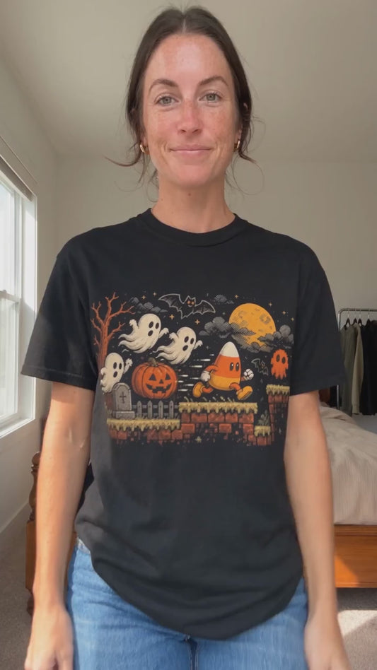 Pixel Halloween Ghosts and Pumpkins T-shirt | Retro 8-bit Spooky Night