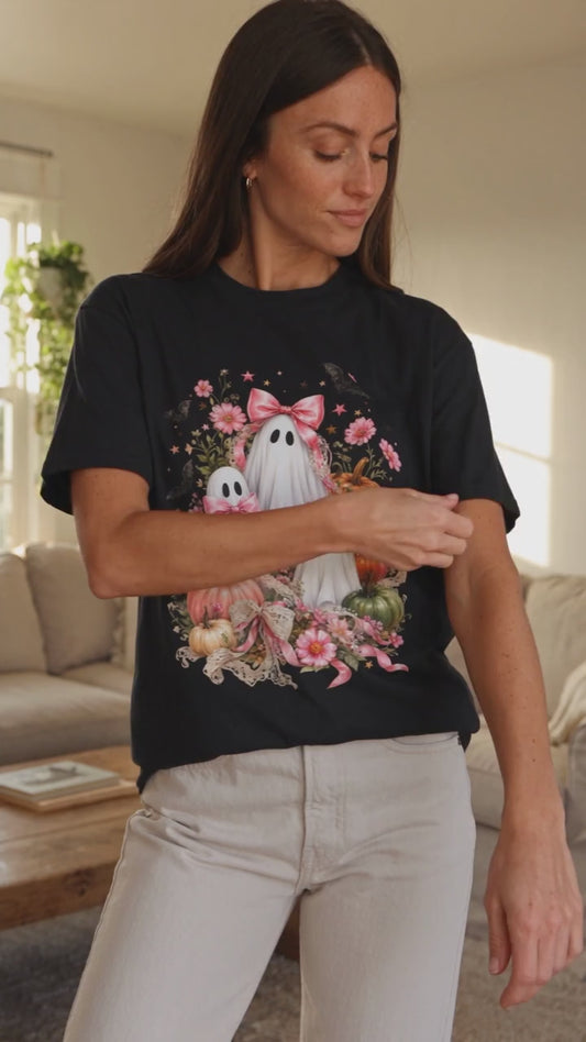 Coquette Ghost Halloween Shirt, Pink Bow Ghost T-Shirt, Cute Spooky Season Tee, Girly Halloween Pumpkin Graphic, Fall Aesthetic Shirt
