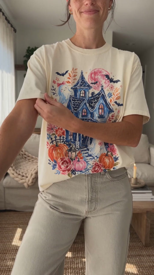 Spooky Haunted House Halloween T-Shirt | Ghosts, Pumpkins, Bats