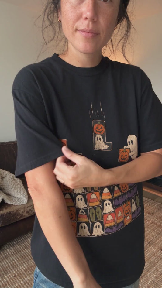 Halloween Pumpkin Ghost Block Puzzle T-shirt | Cute Retro Arcade Design