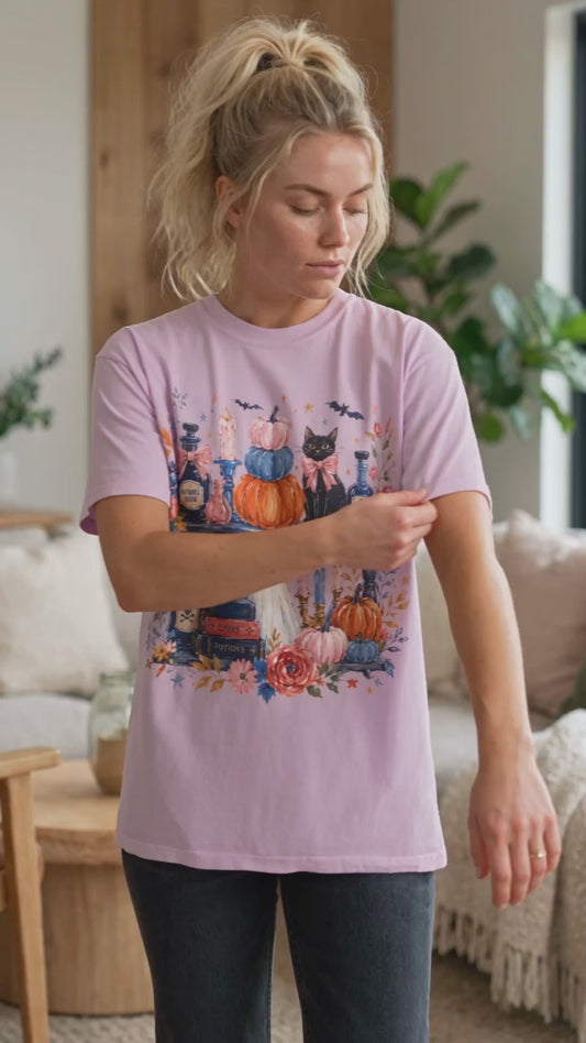 Autumn Apothecary Illustration T-shirt | Pumpkins, Black Cat, Potion Bottles