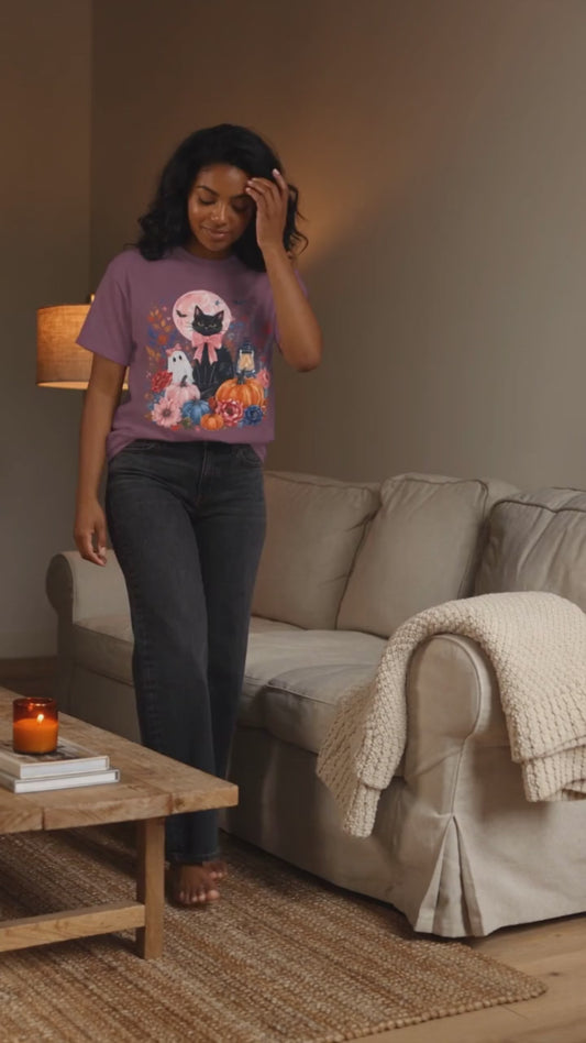 Black Cat with Pumpkins T-shirt | Halloween Moon Lantern Floral Design