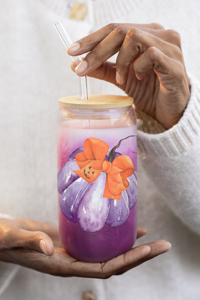 Purple Pumpkin Wrapped In A Bow Sipper Glass